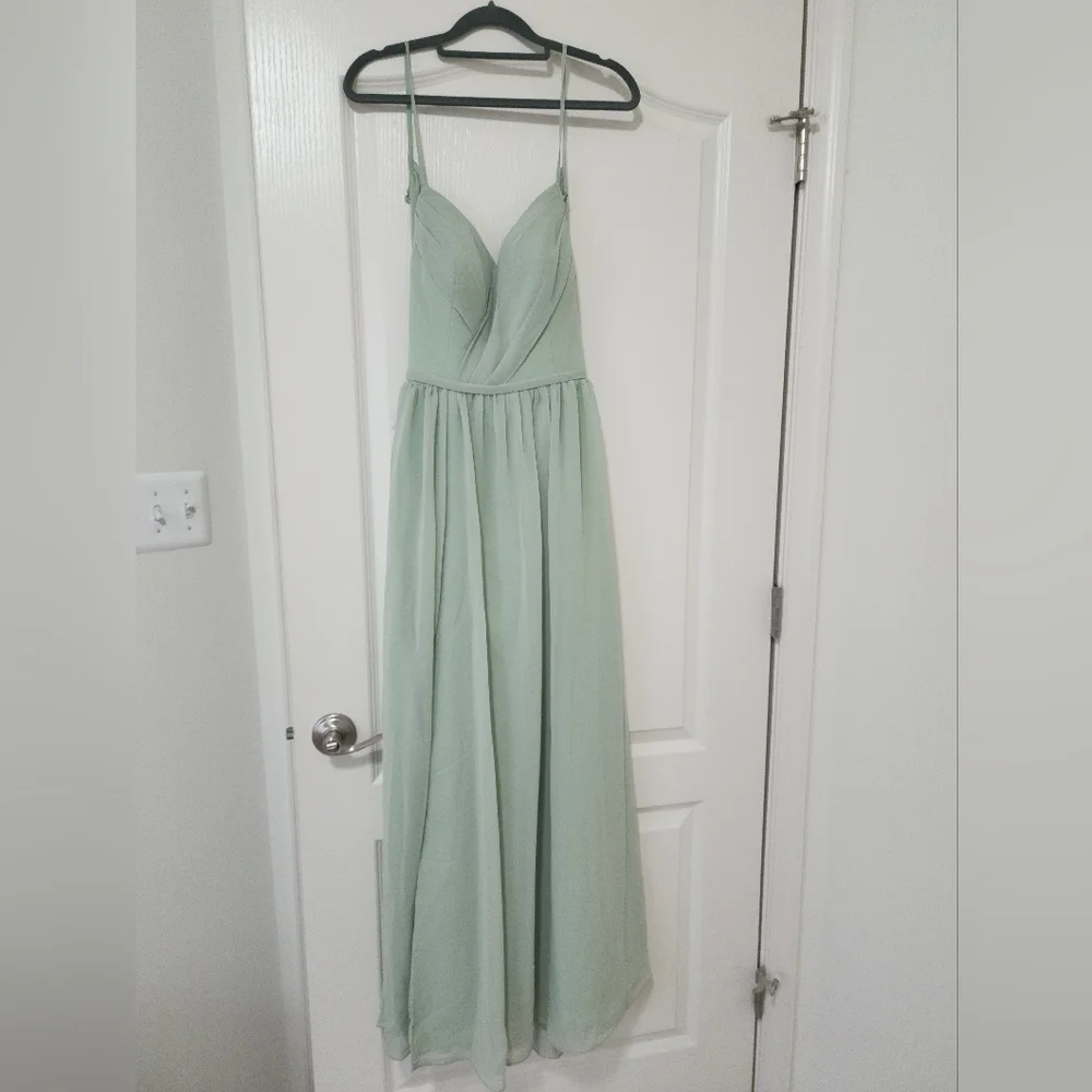 Azazie Sage Green Spaghetti Strap Maxi Dress with High Slit - Picture 2 of 11